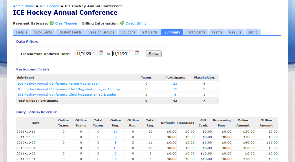 Event organizers can view registration information and track transaction details in real-time by viewing the event summary. 